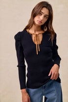 Ribbed Contrast Front Tied Top