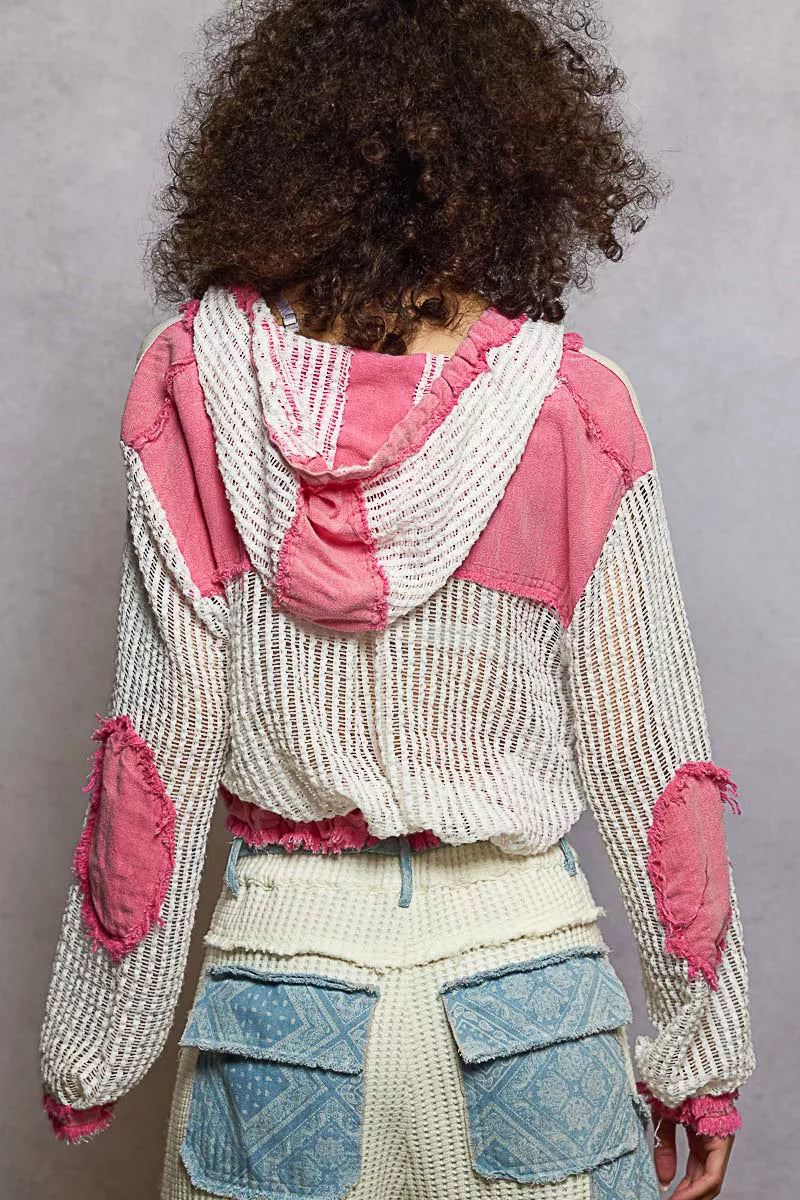 POL Texture Woven Button Down Hooded Shirt with Drawstring Hem