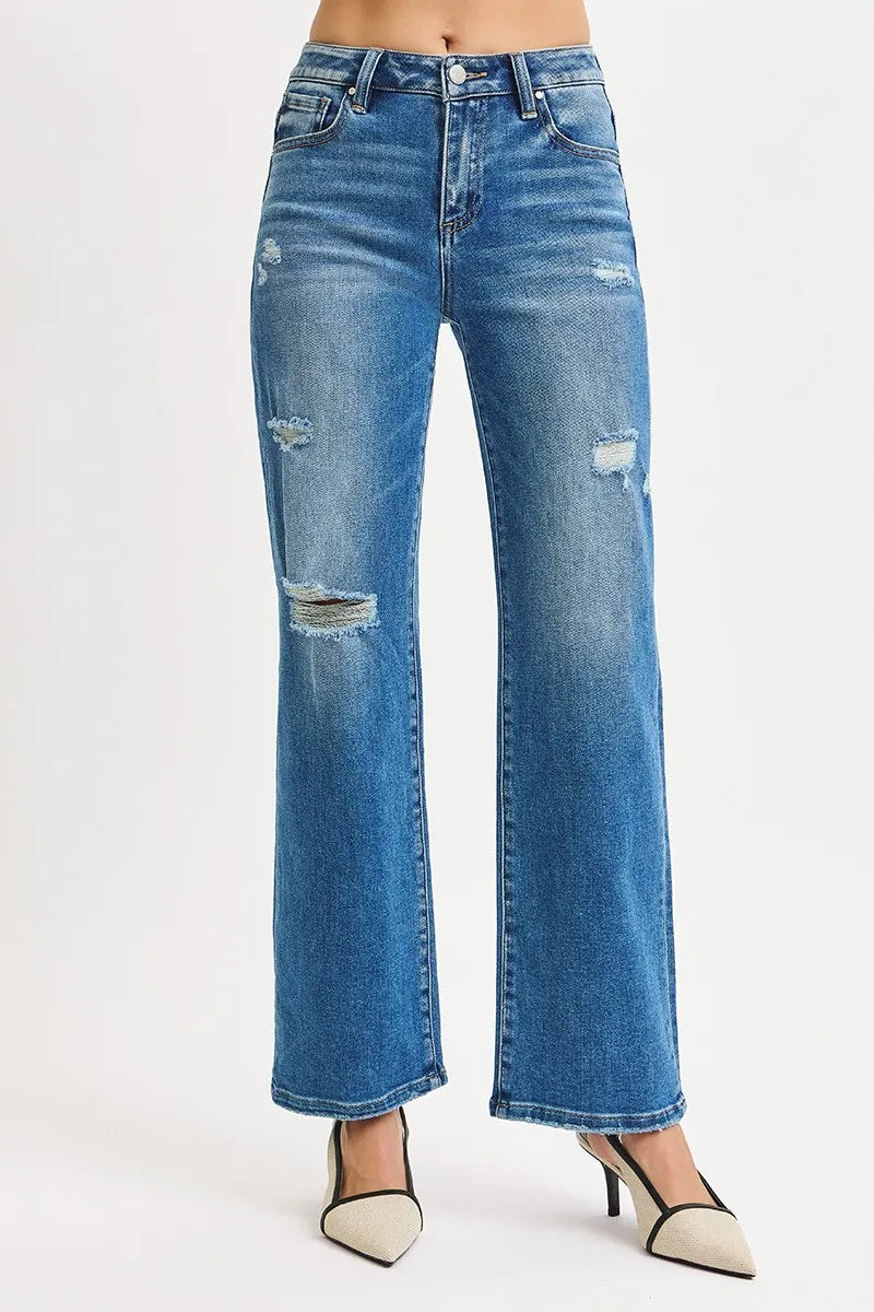 High Rise Ankle Straight Distressed Jeans