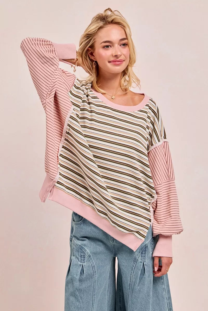 Striped Top With Cut Edge And Reverse Outseam