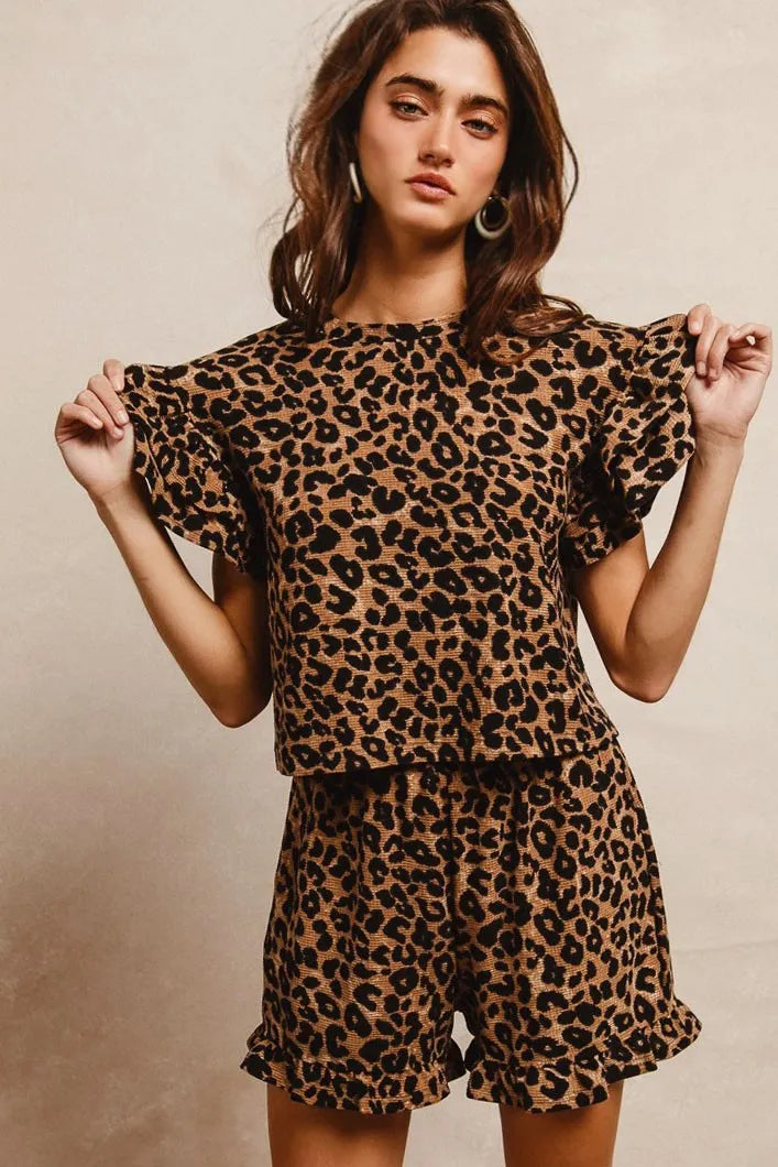 Leopard Print Waffle Texture Top and Shorts Set