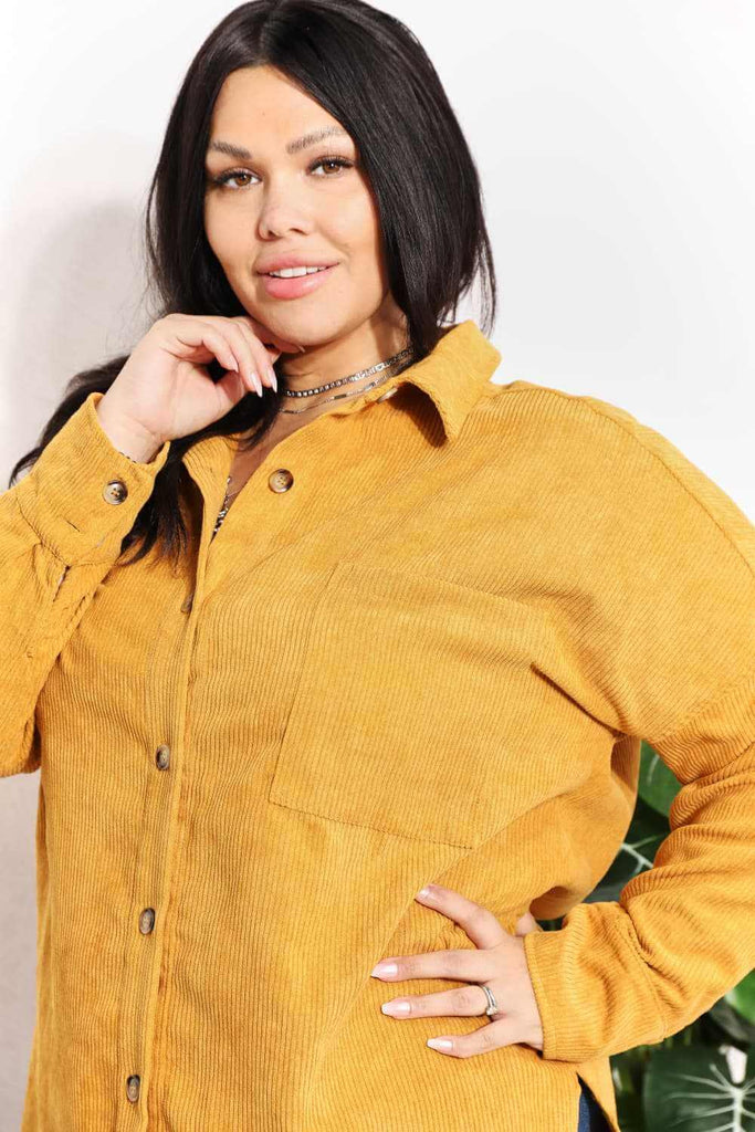 Oversized Corduroy Button-Down Full Size Tunic Shirt with Bust Pocket