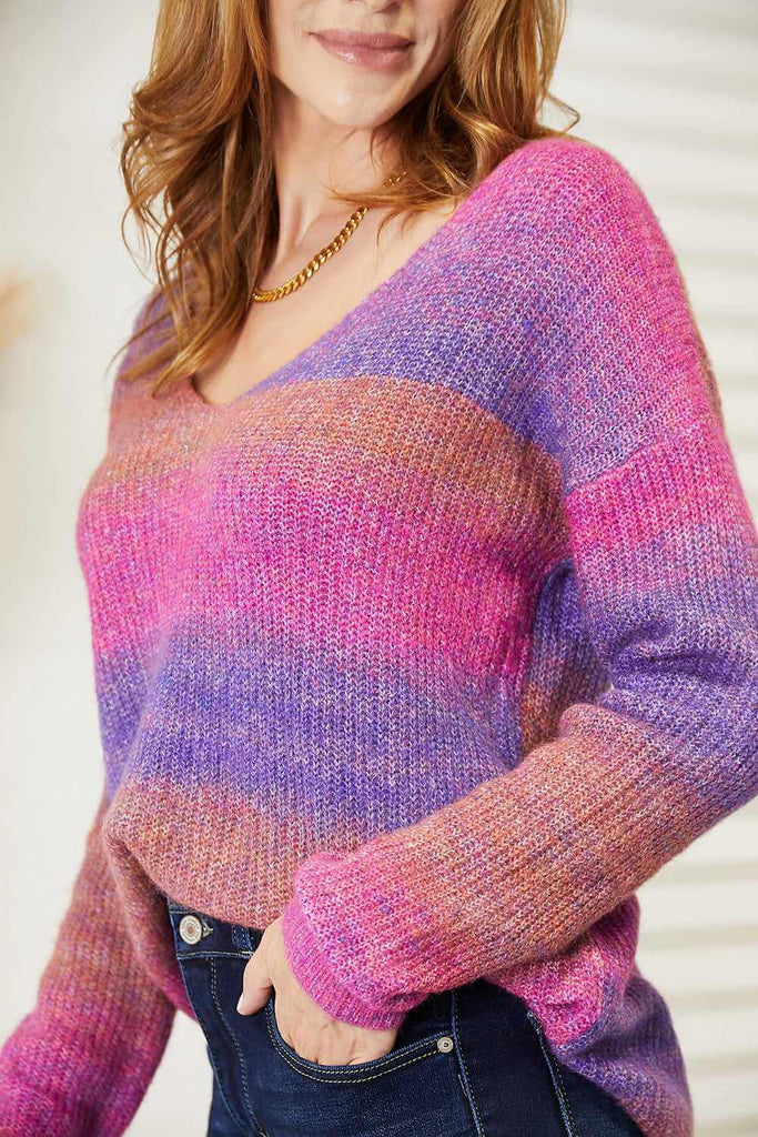 Multi Colored Rib-Knit V-Neck Knit Pullover