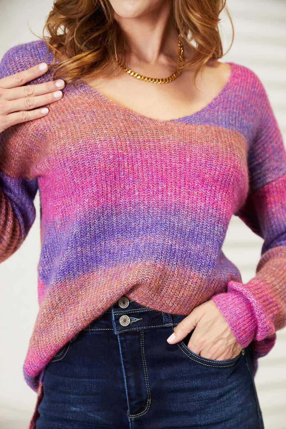 Double Take Multi Colored Rib-Knit V-Neck Knit Pullover