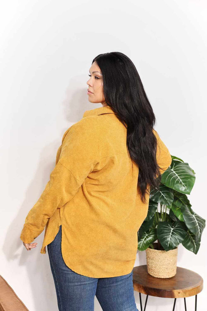 Oversized Corduroy Button-Down Full Size Tunic Shirt with Bust Pocket