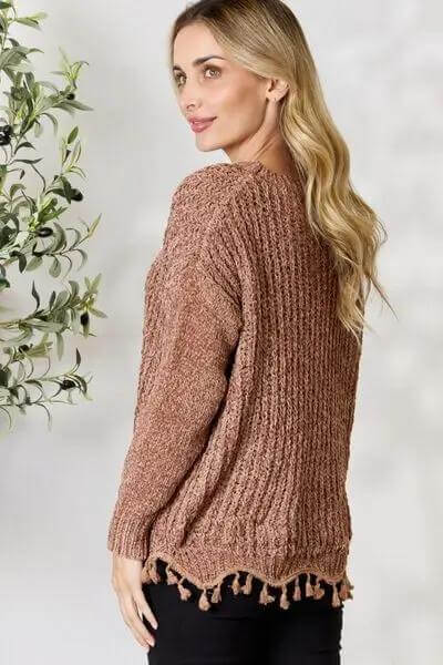 BiBi Tassel Trim Long Sleeve Sweater Trendsi