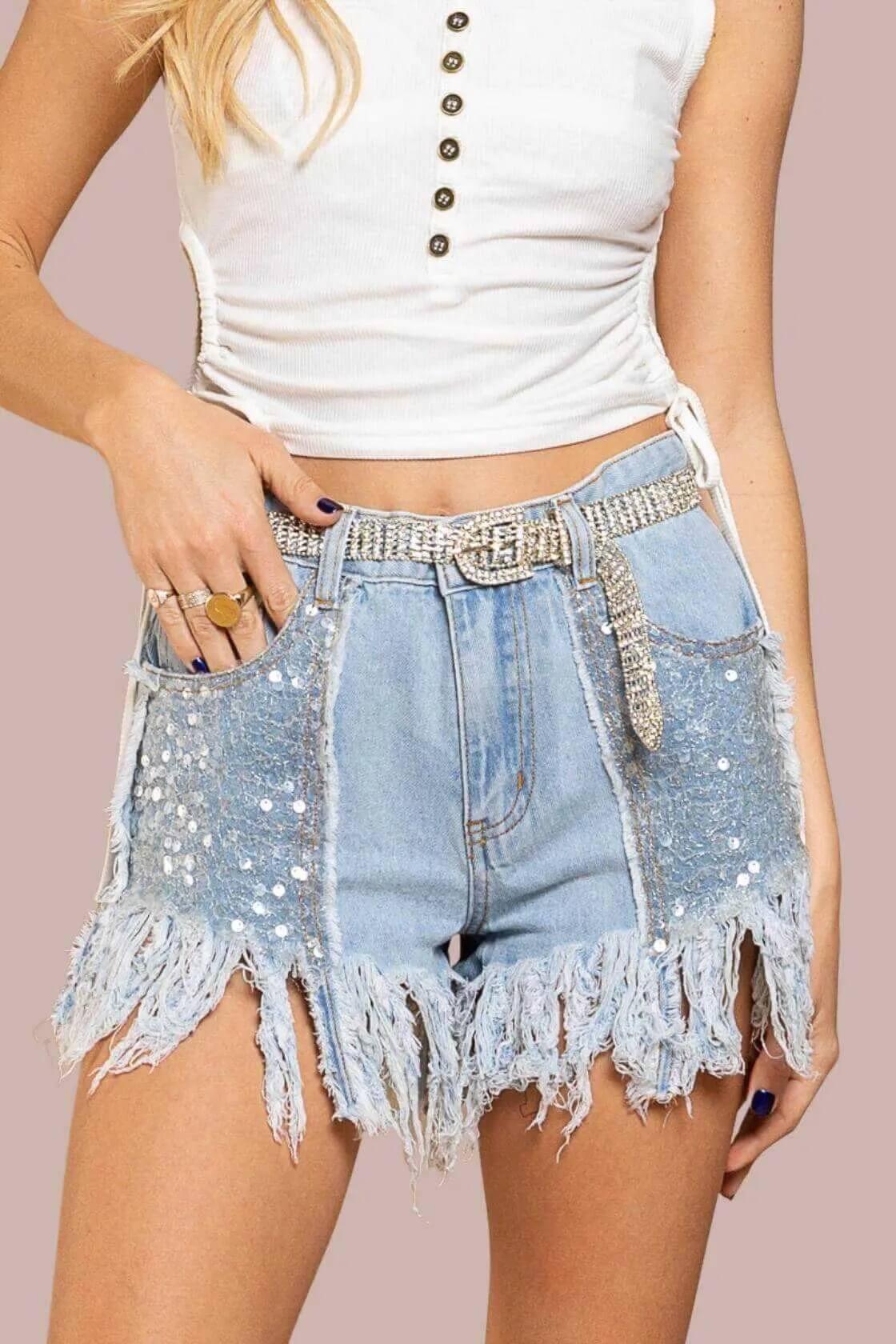 POL Sequin-Adorned Twill Shorts with Fringe Detailing