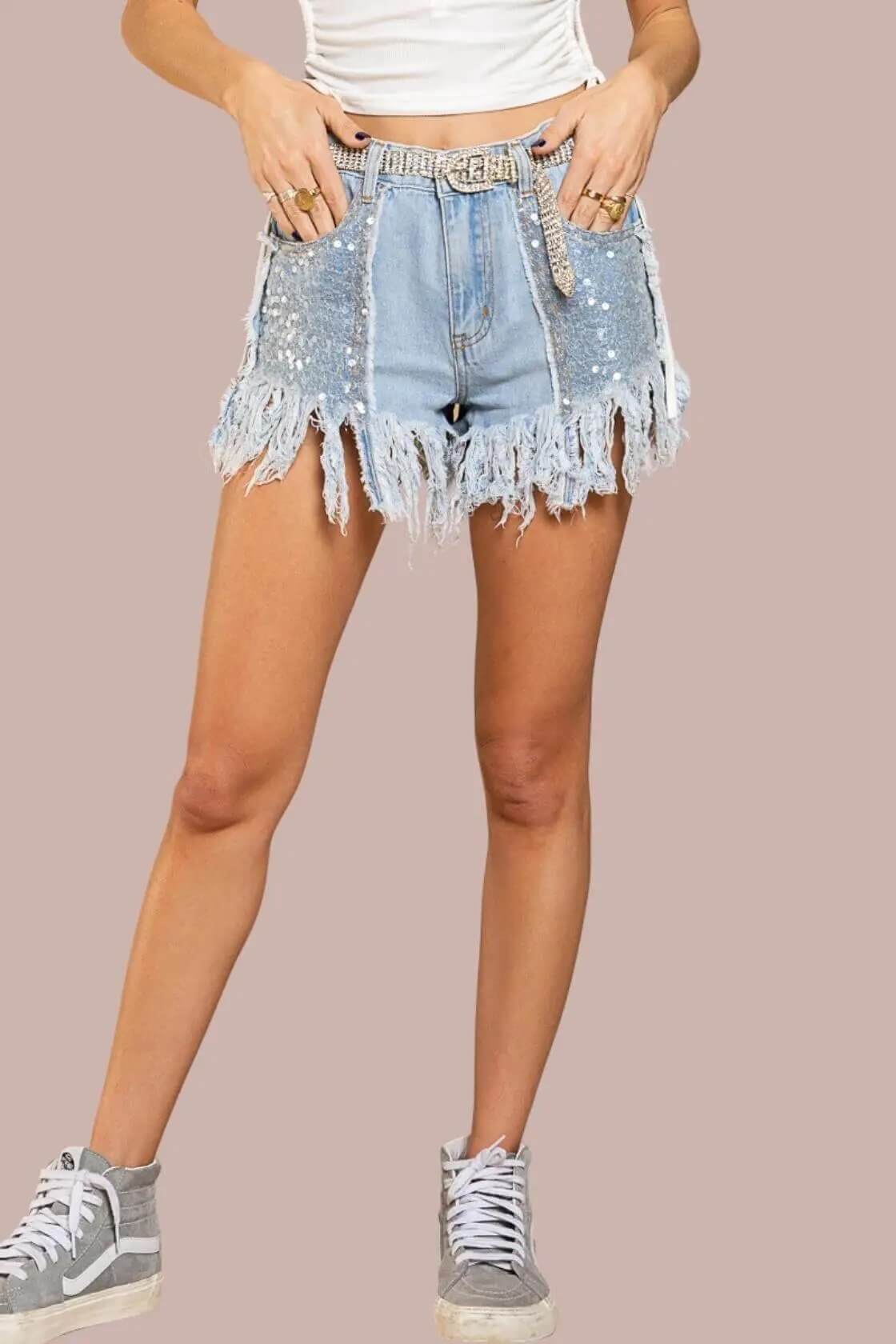 POL Sequin-Adorned Twill Shorts with Fringe Detailing
