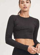Black Micro-Ribbed Cropped Athleisure Top - Rocca & Co