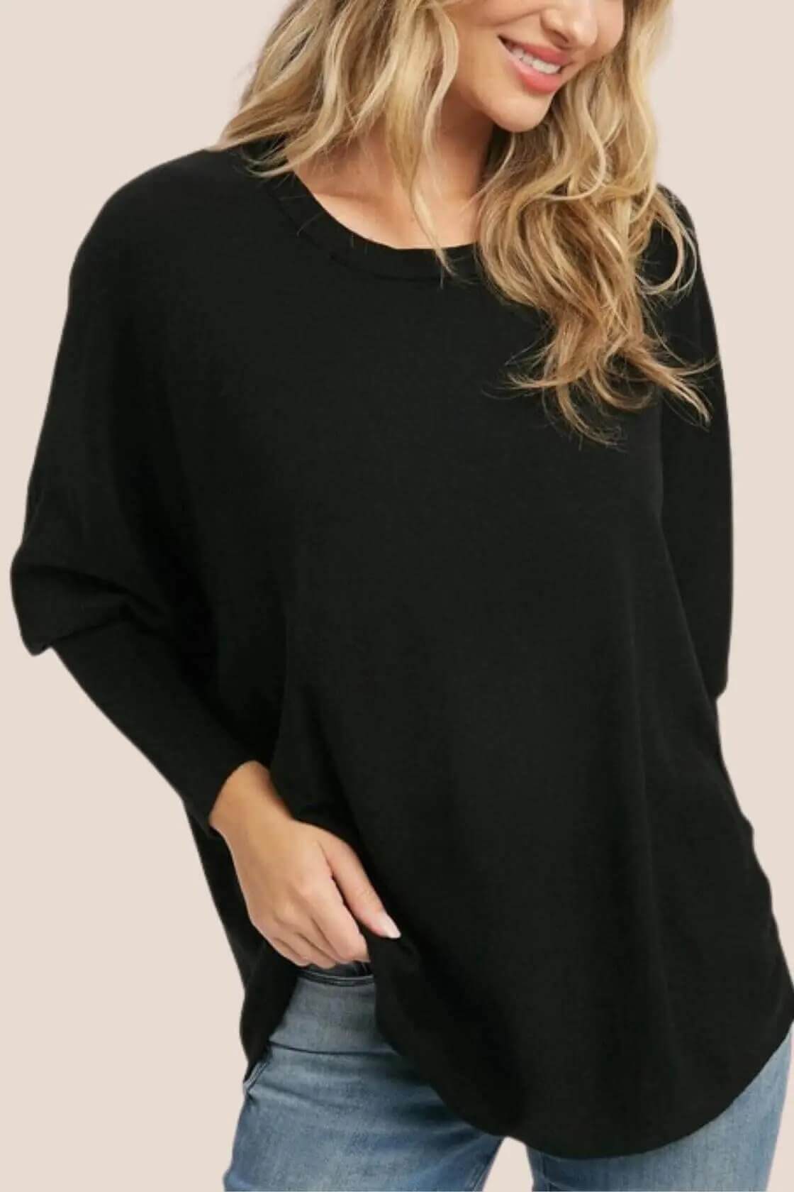 Black Pullover With Batwing Sleeves - Rocca & Co
