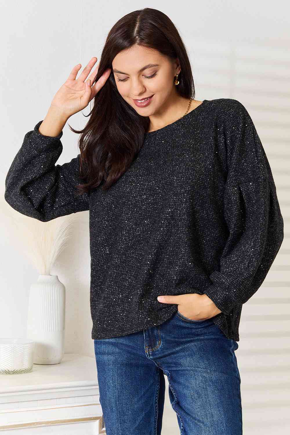 Boat Neck Glitter Long Sleeve Top - Rocca & Co