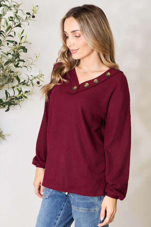 Buttoned V-Neck Long Sleeve Blouse - Rocca & Co