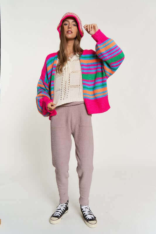Chunky Knit Multi-Striped Open Sweater Cardigan - Rocca & Co