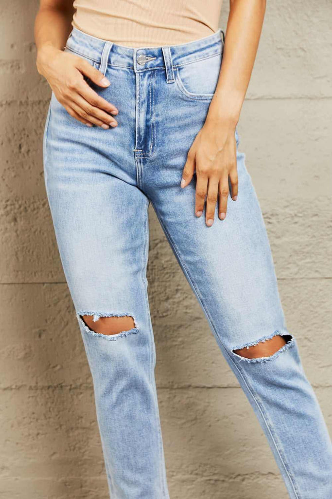 High Waisted Distressed Slim Cropped Jeans