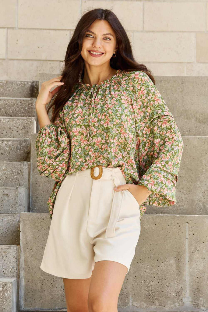 She's Blossoming Full Size Balloon Sleeve Floral Blouse