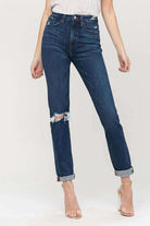 Distressed Roll Up Stretch Mom Jeans - Rocca & Co