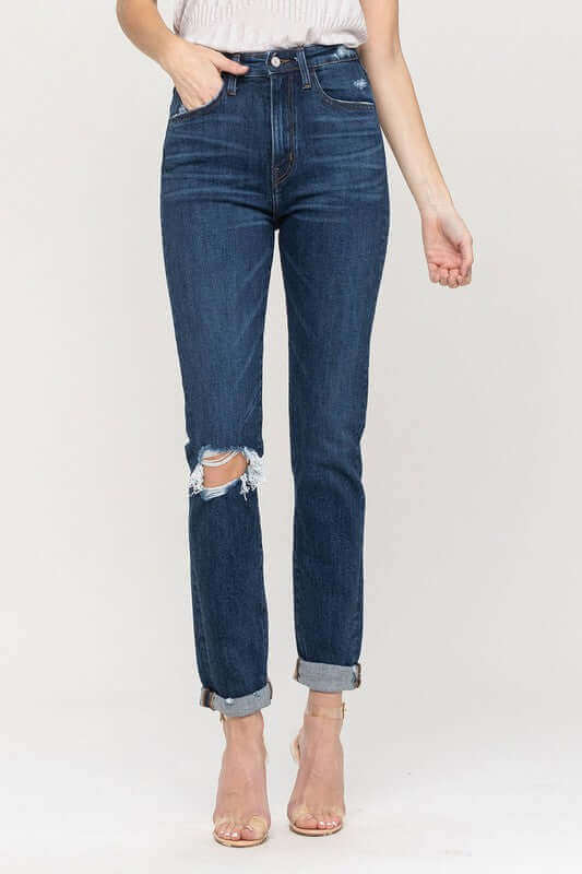 Distressed Roll Up Stretch Mom Jeans - Rocca & Co