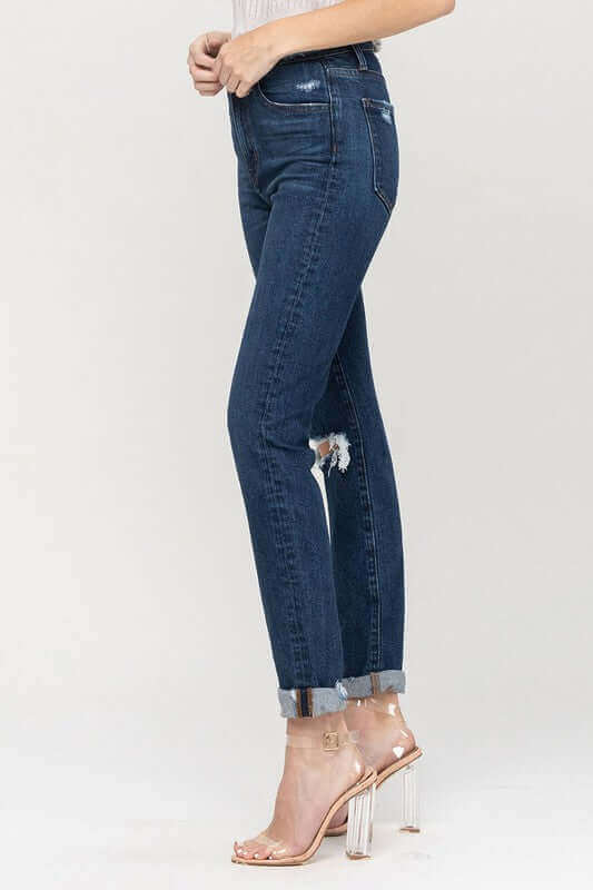 Distressed Roll Up Stretch Mom Jeans - Rocca & Co