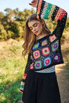Floral Crochet Striped Sleeve Cropped Knit Sweater - Rocca & Co