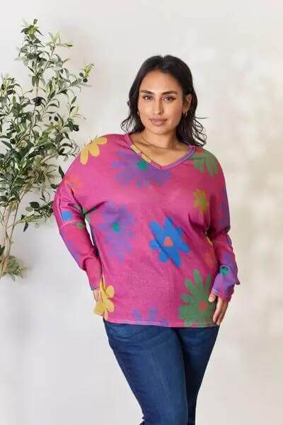 Floral V-Neck Long Sleeve Top - Rocca & Co