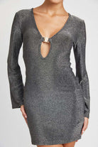 Glitter Long Sleeve Mini Dress with Front Keyhole - Rocca & Co