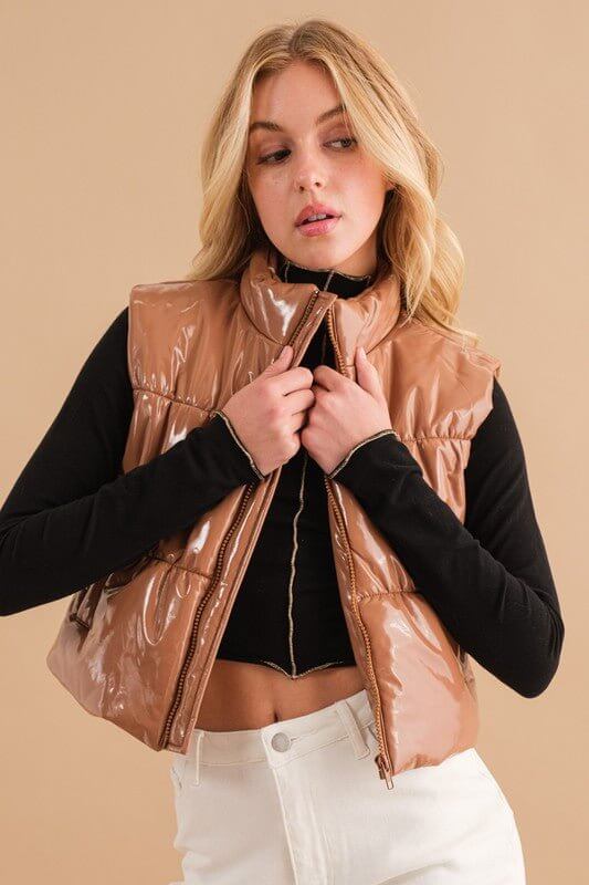 Gloss Shiny PU Quilted Puffer Zip Up Crop Vest - Rocca & Co