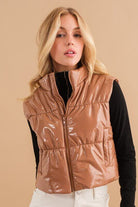 Gloss Shiny PU Quilted Puffer Zip Up Crop Vest - Rocca & Co