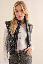 Gloss Shiny PU Quilted Puffer Zip Up Crop Vest - Rocca & Co