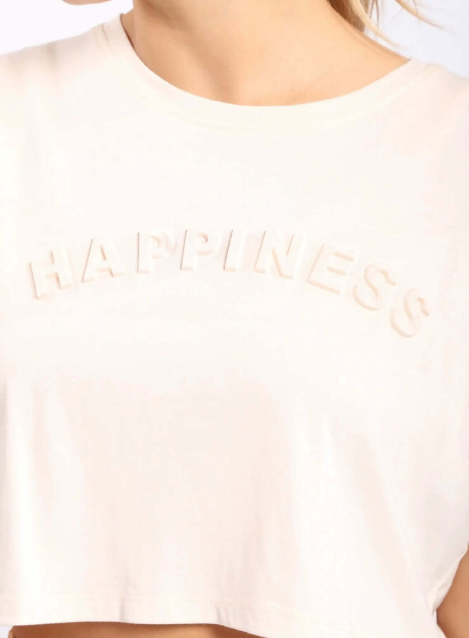 Happiness Cropped Tee with Embossed Lettering - Rocca & Co