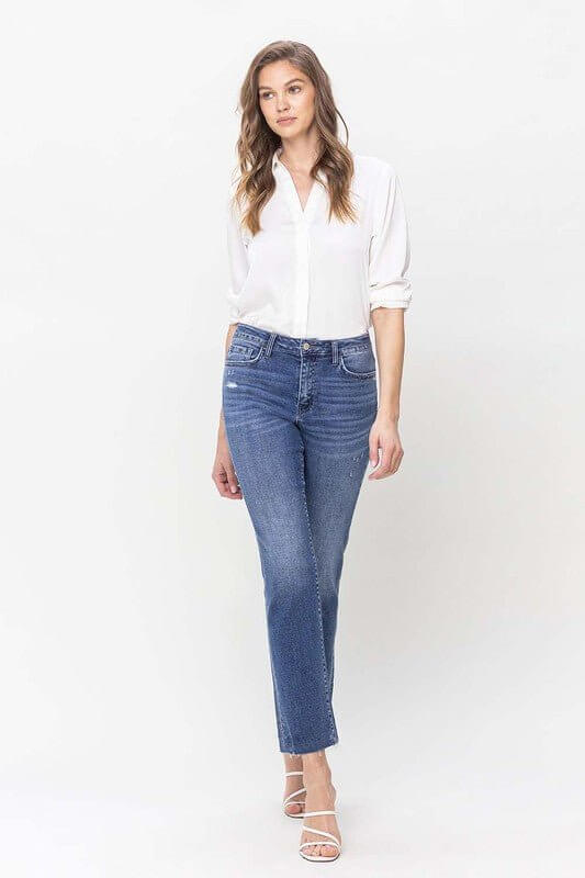 High Rise Straight Jeans With Raw Hem - Rocca & Co