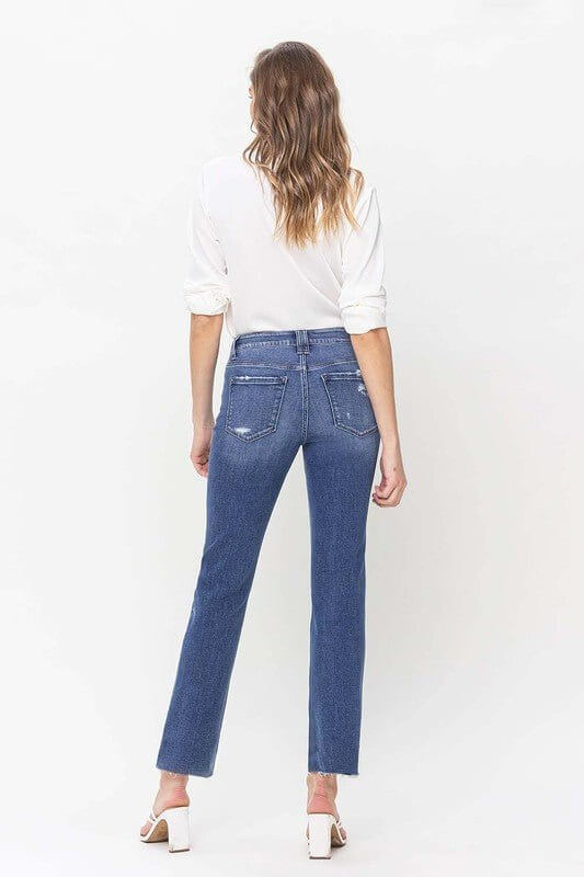 High Rise Straight Jeans With Raw Hem - Rocca & Co