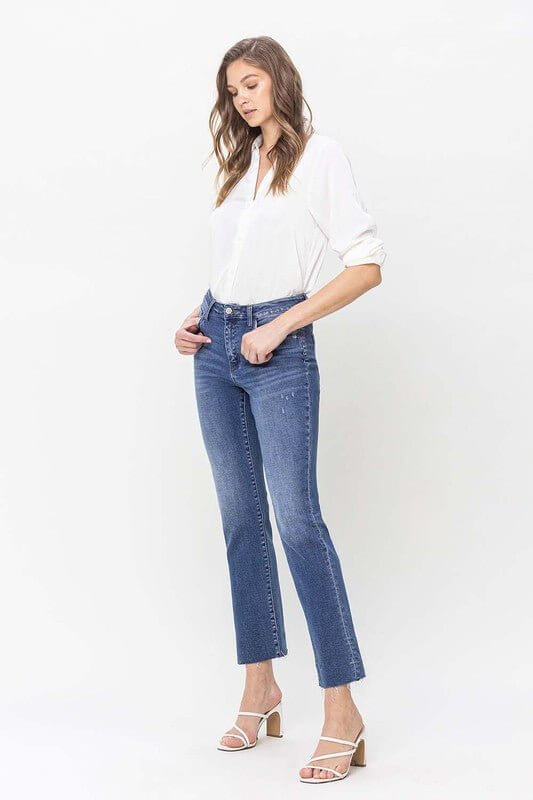 High Rise Straight Jeans With Raw Hem - Rocca & Co