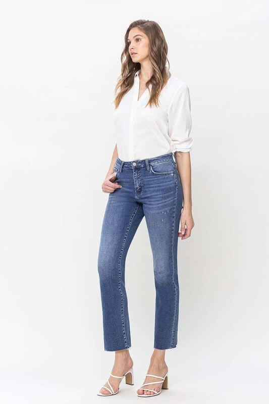 High Rise Straight Jeans With Raw Hem - Rocca & Co