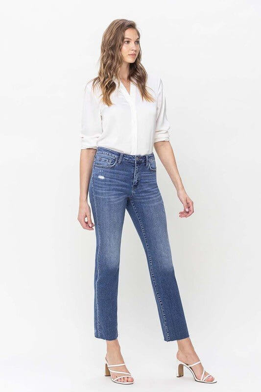 High Rise Straight Jeans With Raw Hem - Rocca & Co