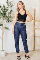 High Waist Faux Leather Cargo Joggers - Rocca & Co