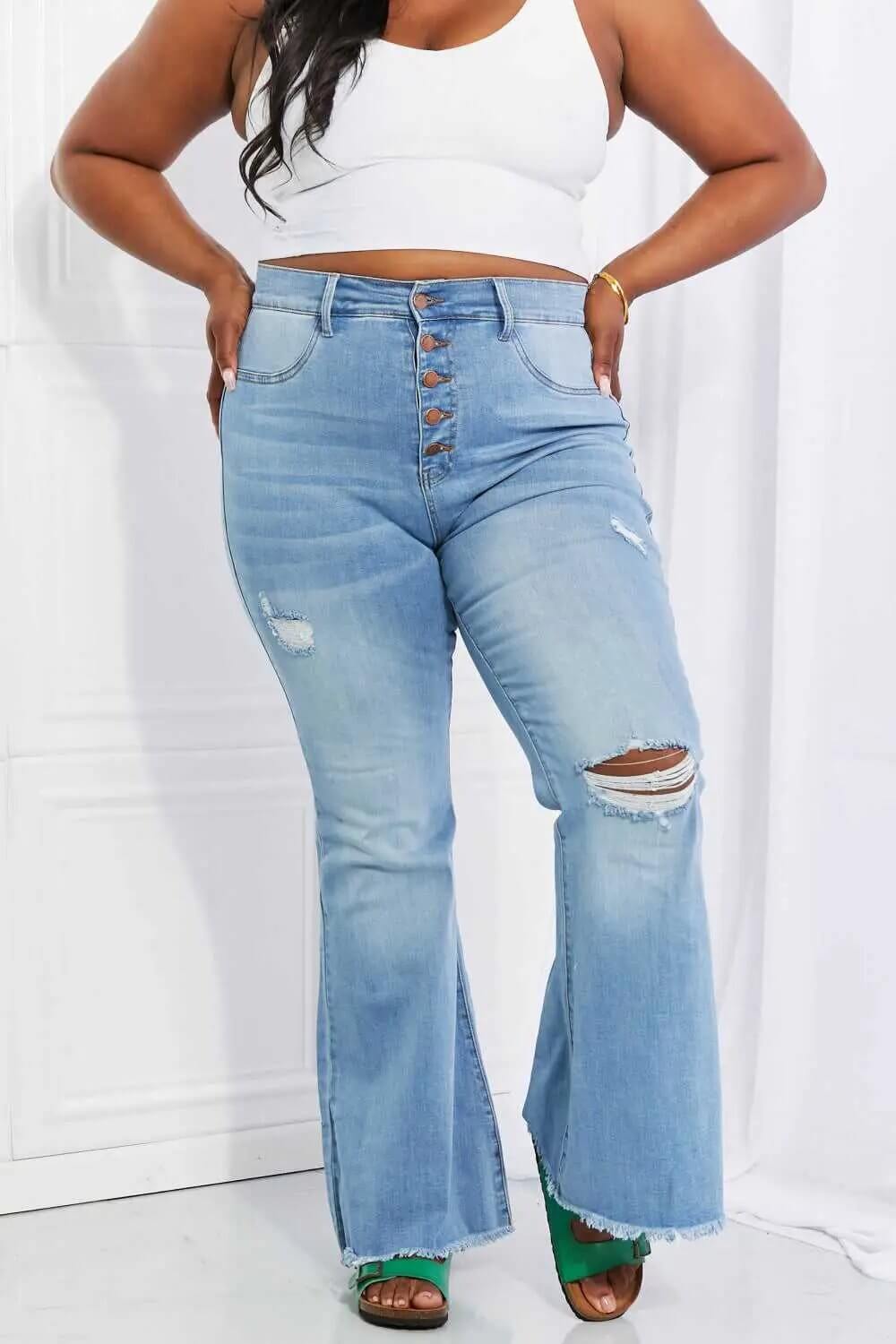Jess Button Full Size Flare Jeans - Rocca & Co