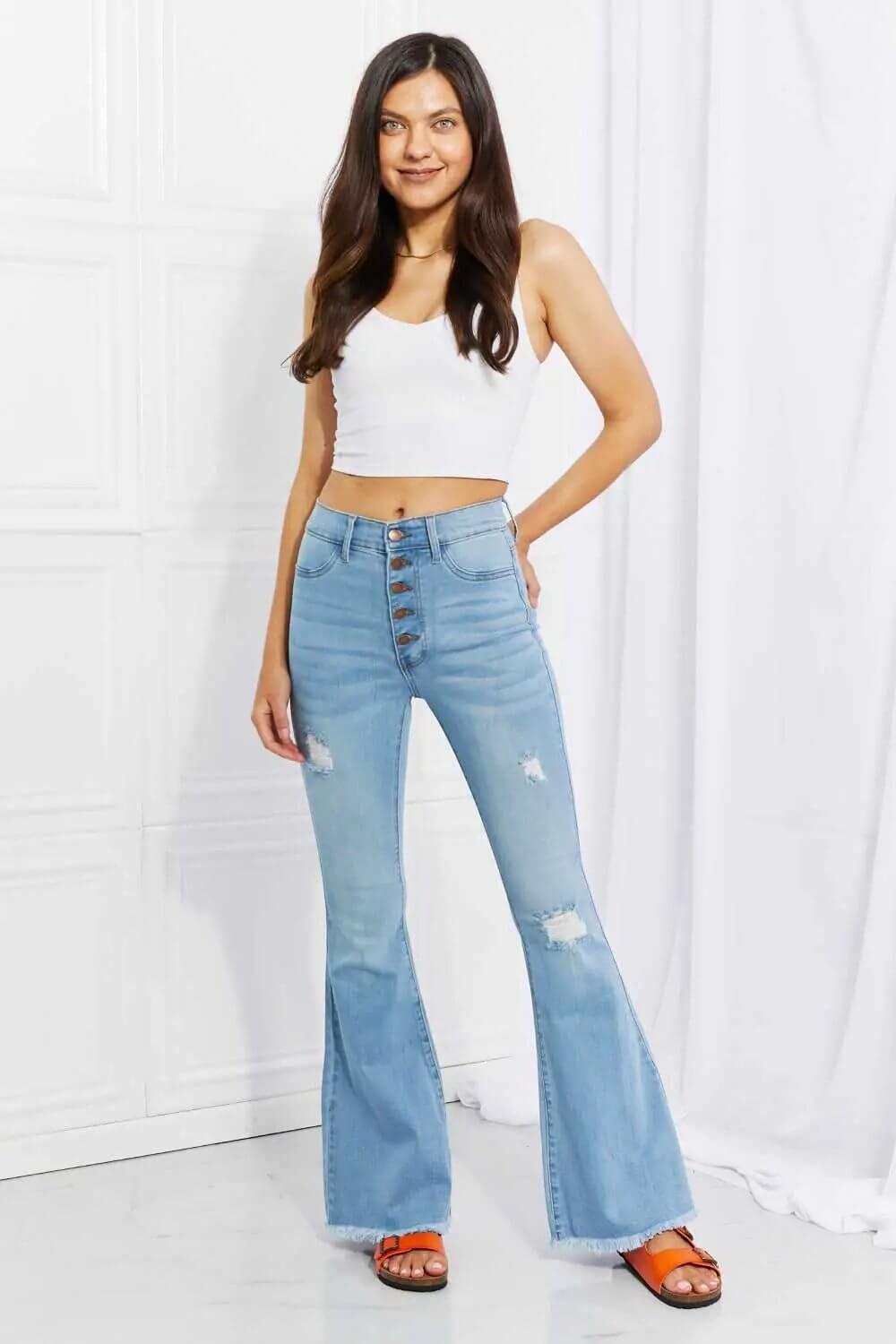 Jess Button Full Size Flare Jeans - Rocca & Co