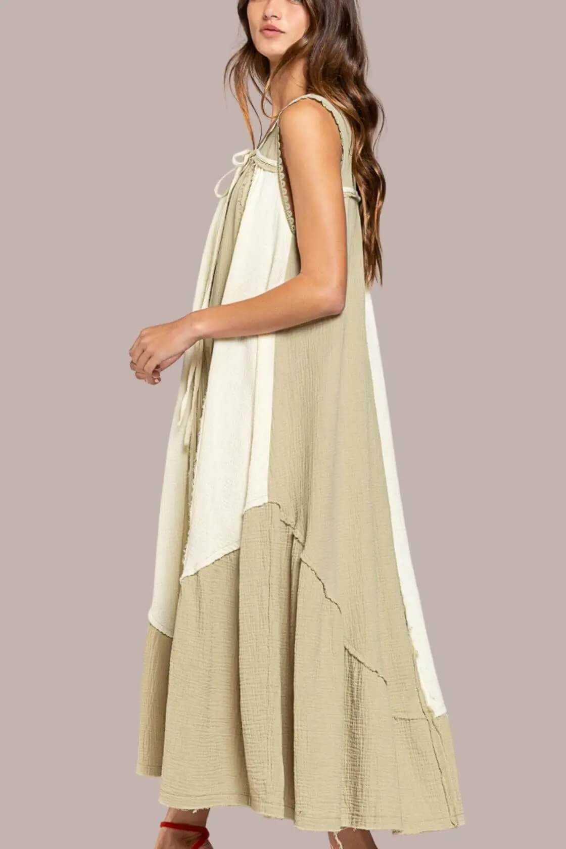 Matcha Latte Sleeveless Midi Dress with Contrast Color - Rocca & Co