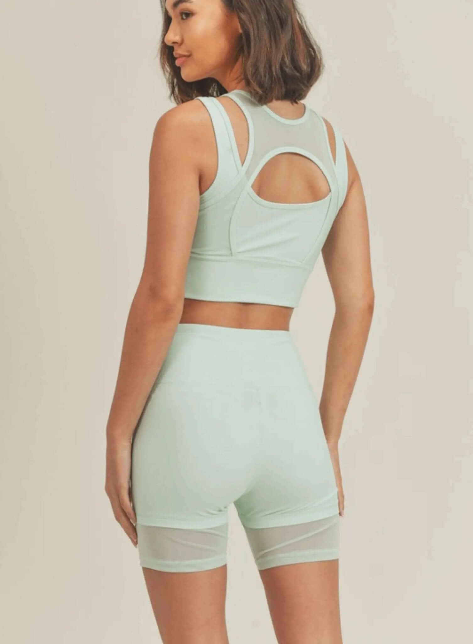 Mesh Overlay Sports Bra & Biker Short Set - Rocca & Co