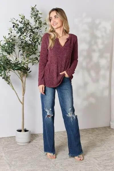 Notched Long Sleeve Top - Rocca & Co