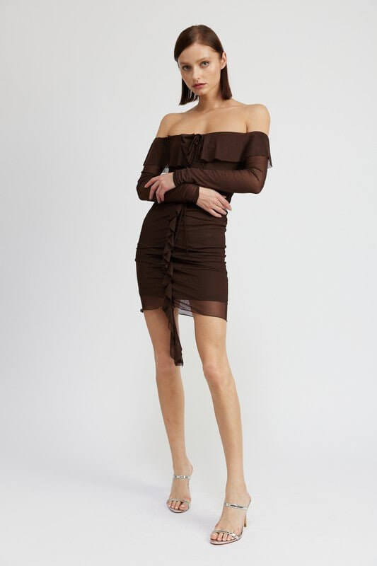 Off Shoulder Mini Dress With Ruffle Detail - Rocca & Co