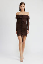 Off Shoulder Mini Dress With Ruffle Detail - Rocca & Co