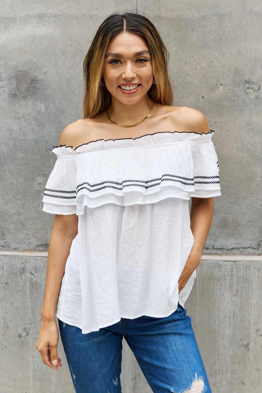 Off The Shoulder Full Size Ruffle Blouse - Rocca & Co